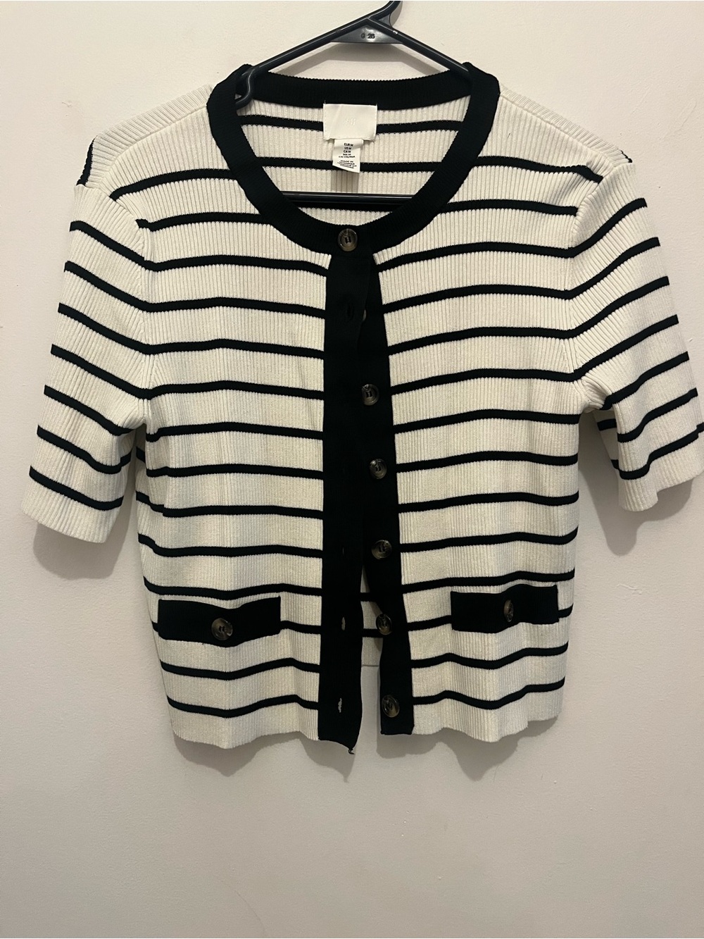 H&M Black & White Striped Short-Sleeve Cardigan